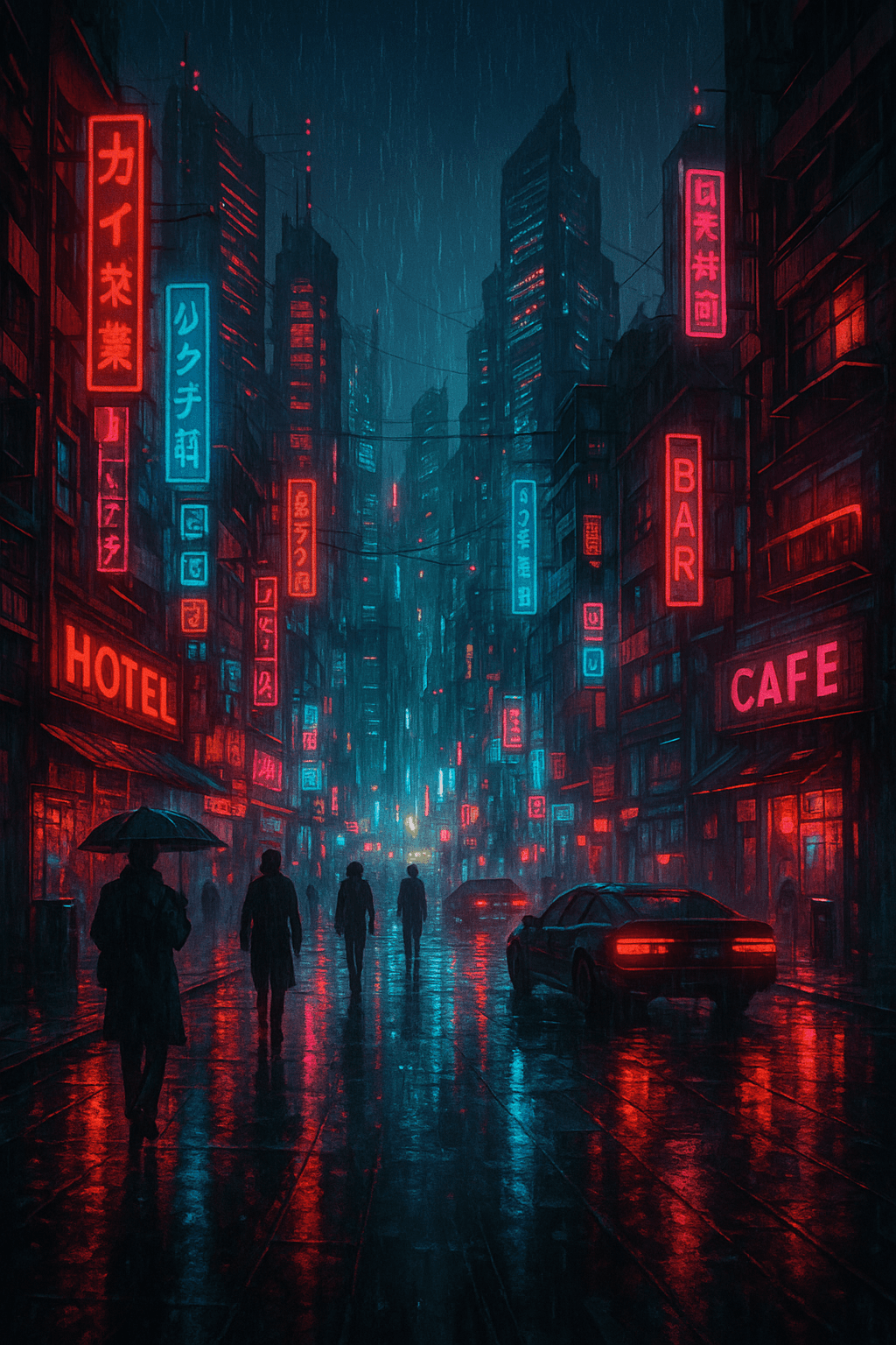 Social Media AI image: Cyberpunk cityscape at night, neon lights, rain-soaked streets, futuristic buildings, Blade Runner s