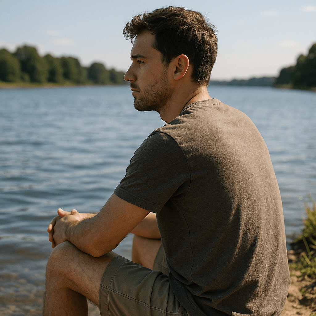 Social Media AI image: create a image of an guy sitting at the water
{
  "photorealisticStyle": {
    "fundamentalPrincipl