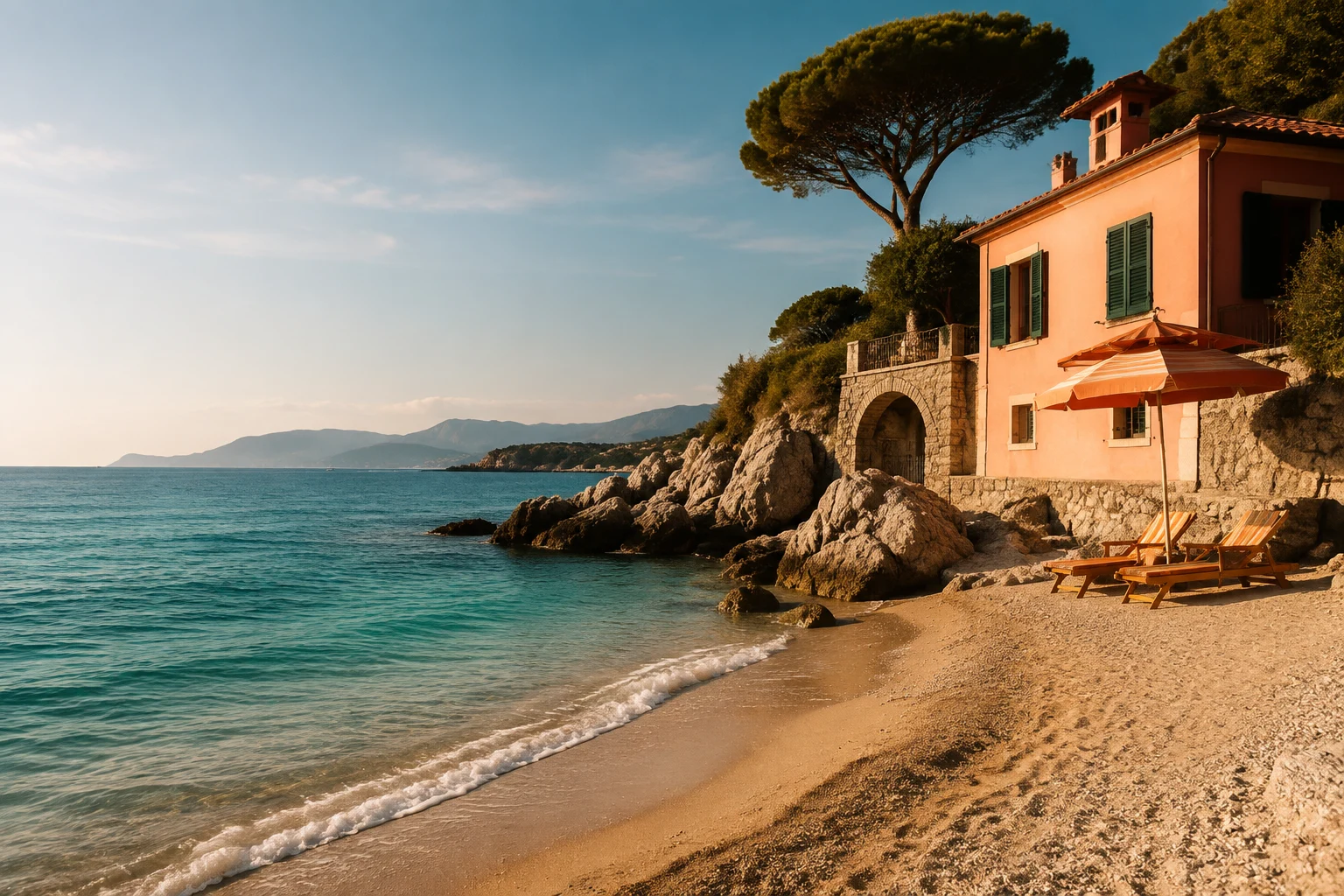 The same seaside house with a peach facade, a striped parasol and loungers in warm summer light